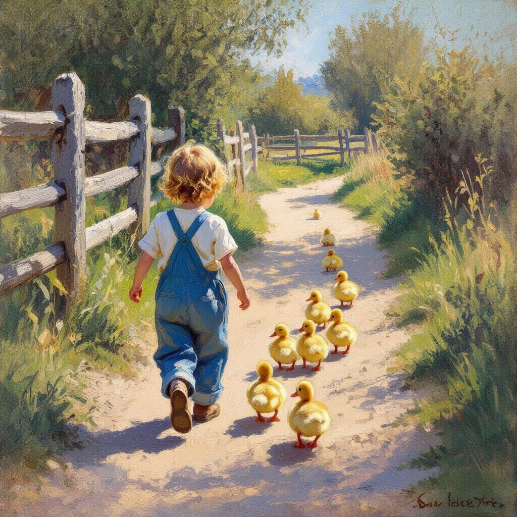 Child Walks Ducklings on Gravel Path, Impressionist Style