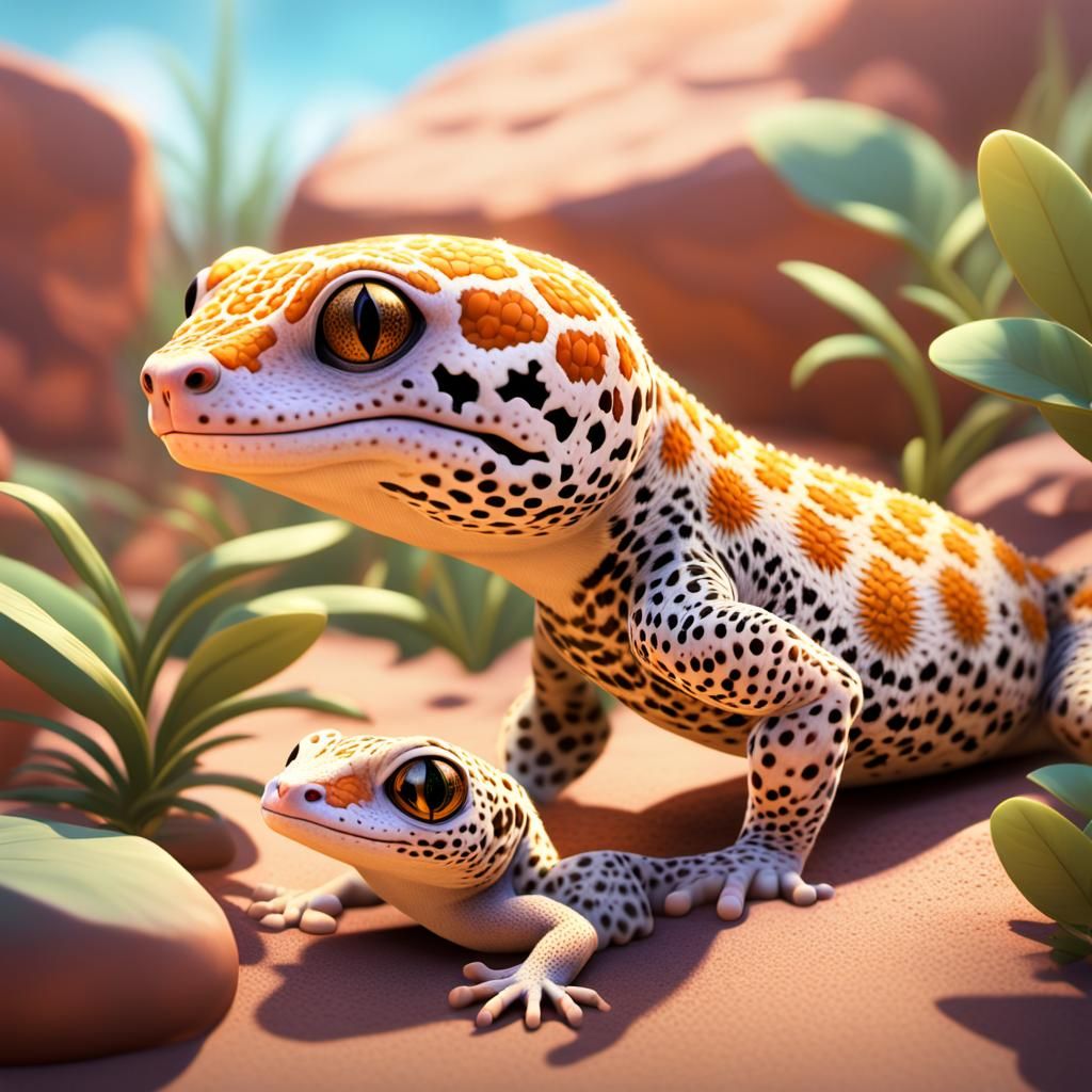 Leopard Gecko Family in 3D Digital Art