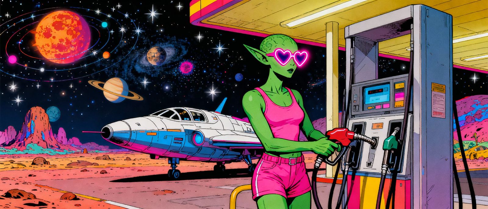 Green Alien Fuels Spaceship at Neon Petrol Station