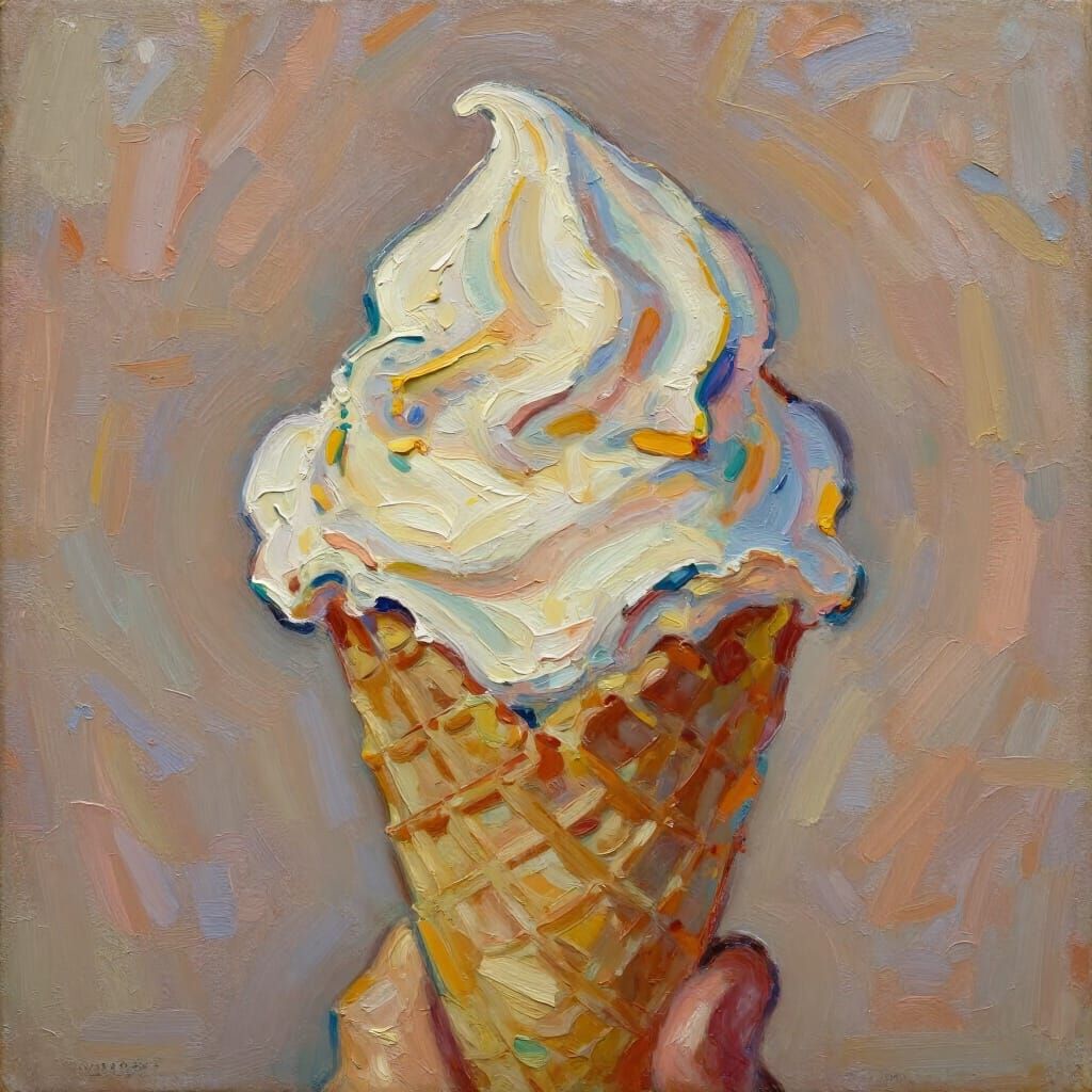 Impasto Painting of Creamy Soft Serve Ice Cream Cone
