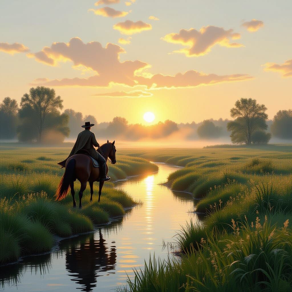 19th Century Rider in Misty Morning Landscape Oil Painting