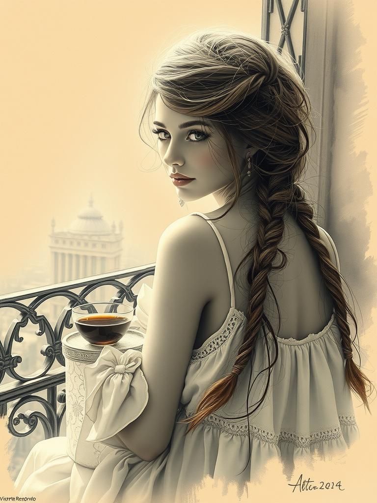 Dreamy Woman Sipping Coffee: Sepia Fine Art Portrait