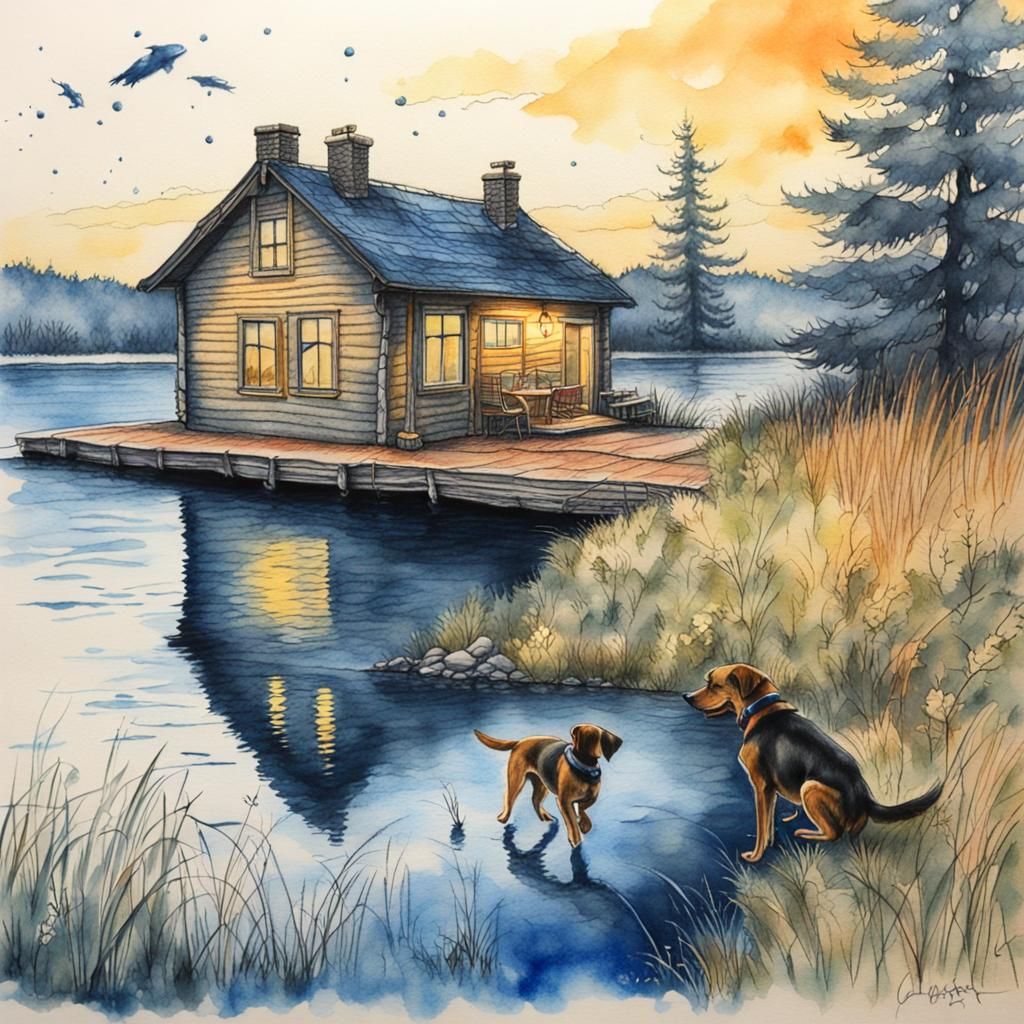 Dog on Lakeshore with Cottage: Watercolor Pencil Art