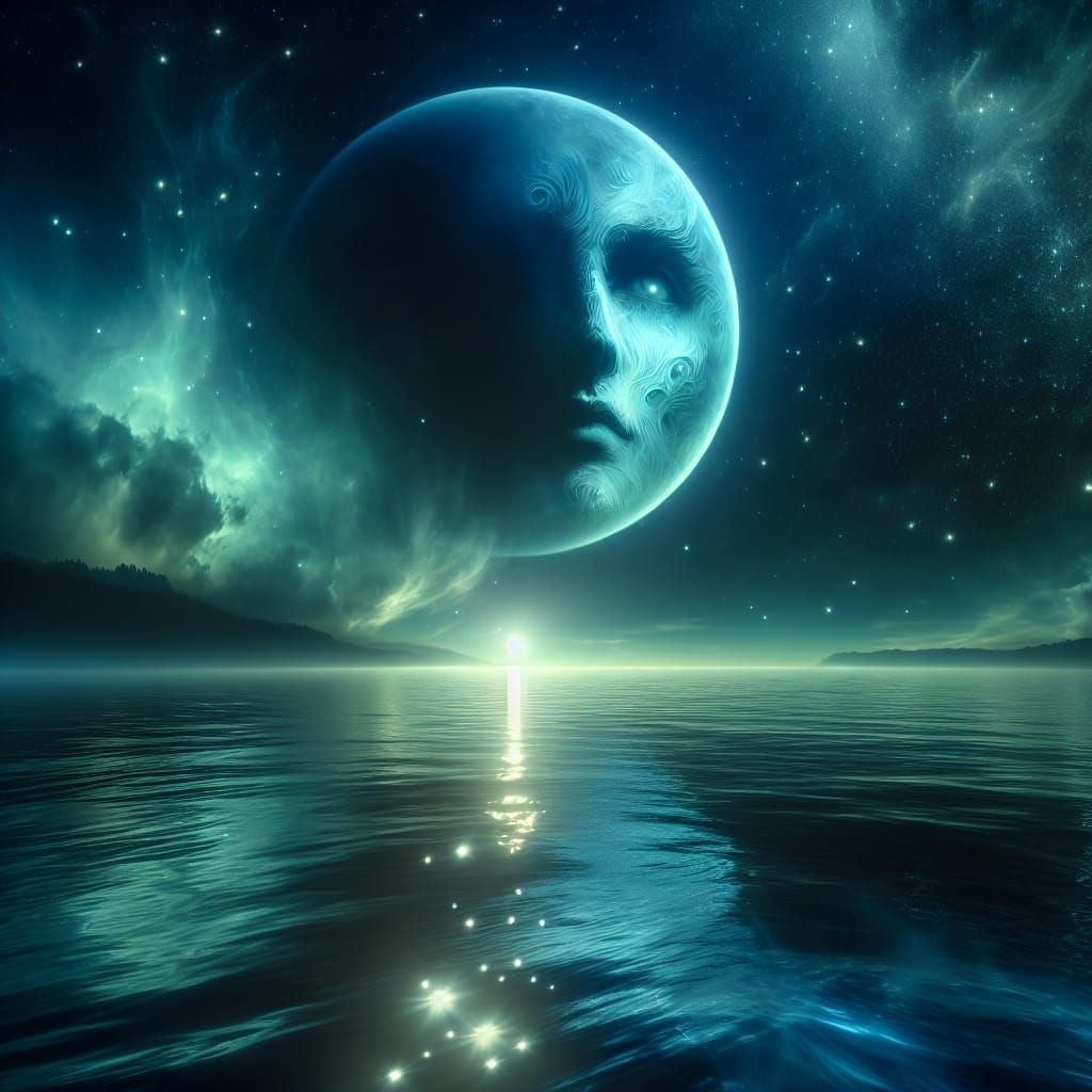 Surreal Moonlit Ocean Scene with Glowing Face