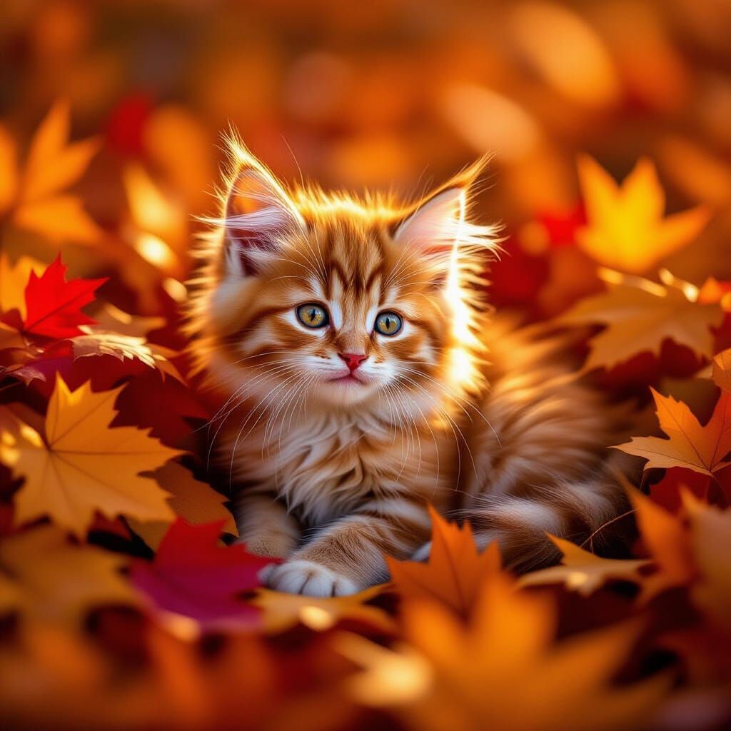 Fluffy Orange Kitten in Autumn Leaves, Hyperrealistic