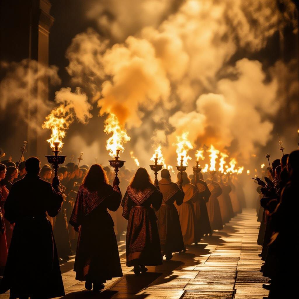 Spiritual Procession with Ornate Thuribles and Swirling Ince...