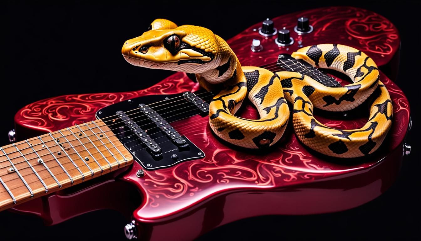 Yellow Boa Constrictor on Red Electric Guitar