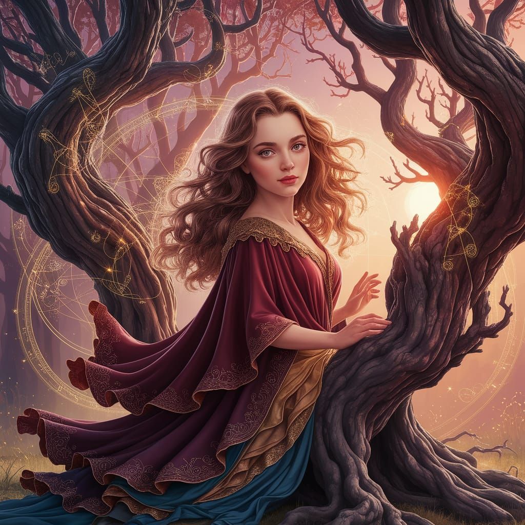 Cute Sorceress in Enchanted Forest Digital Art