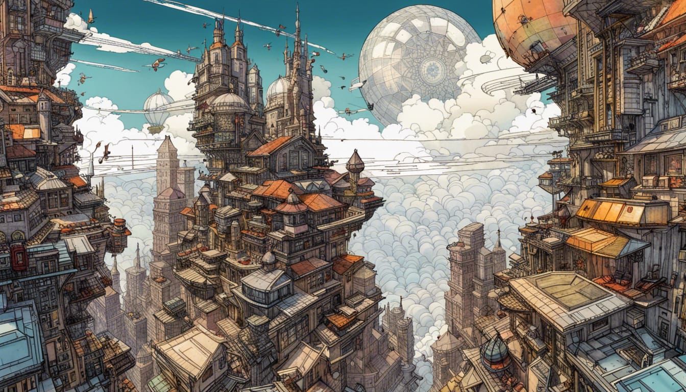 Magical Sci-Fi Cityscape Above Clouds: Cel-Shaded 3D Render
