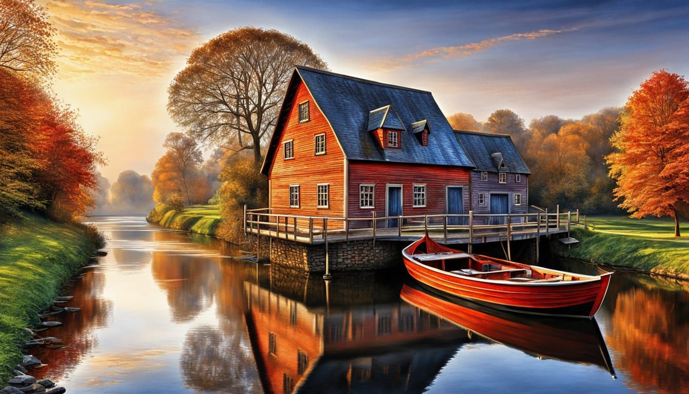 Dramatic Sunrise River Landscape in Vibrant Cubist Style