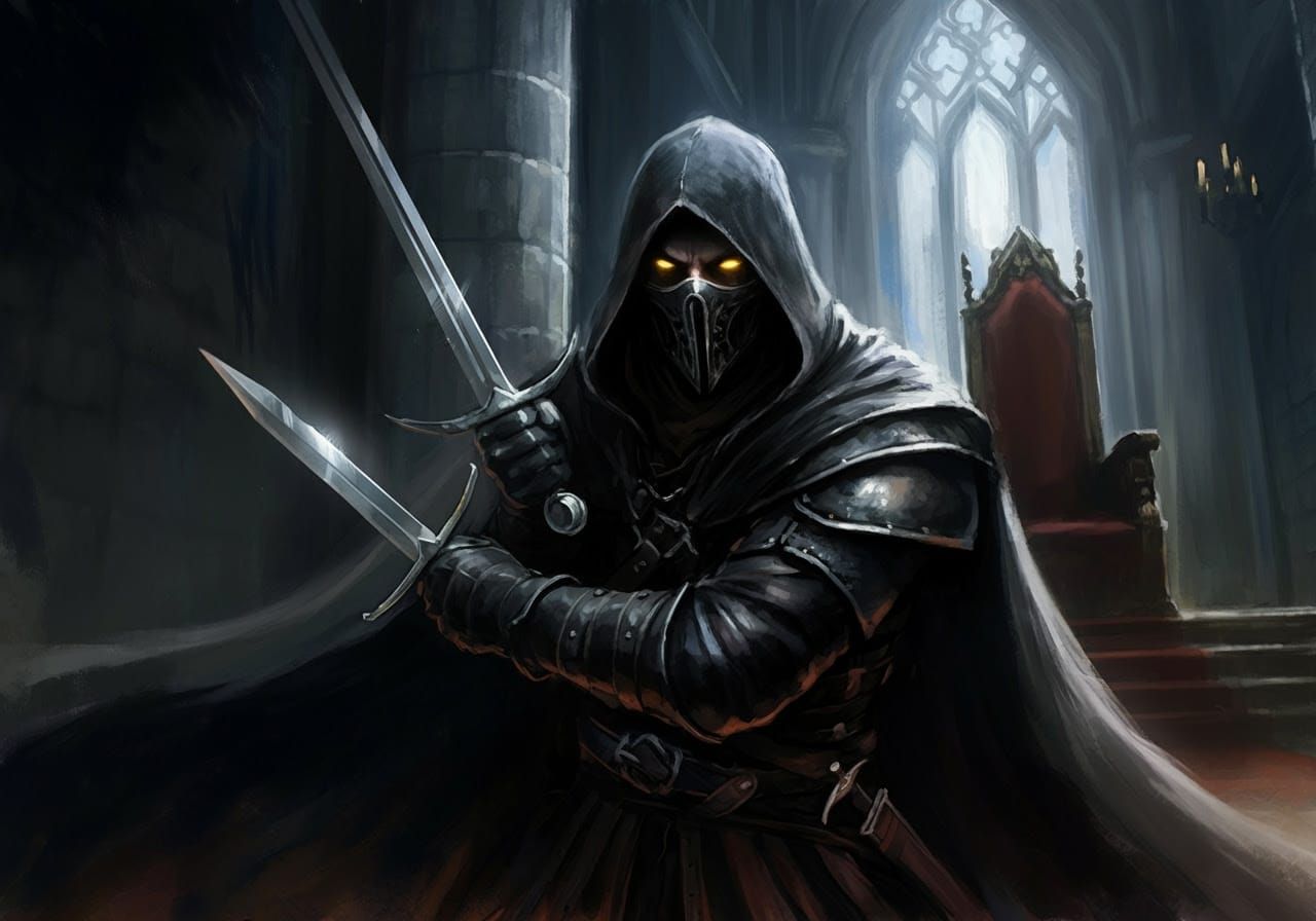 Medieval Assassin Deflects Stiletto in Dimly Lit Castle