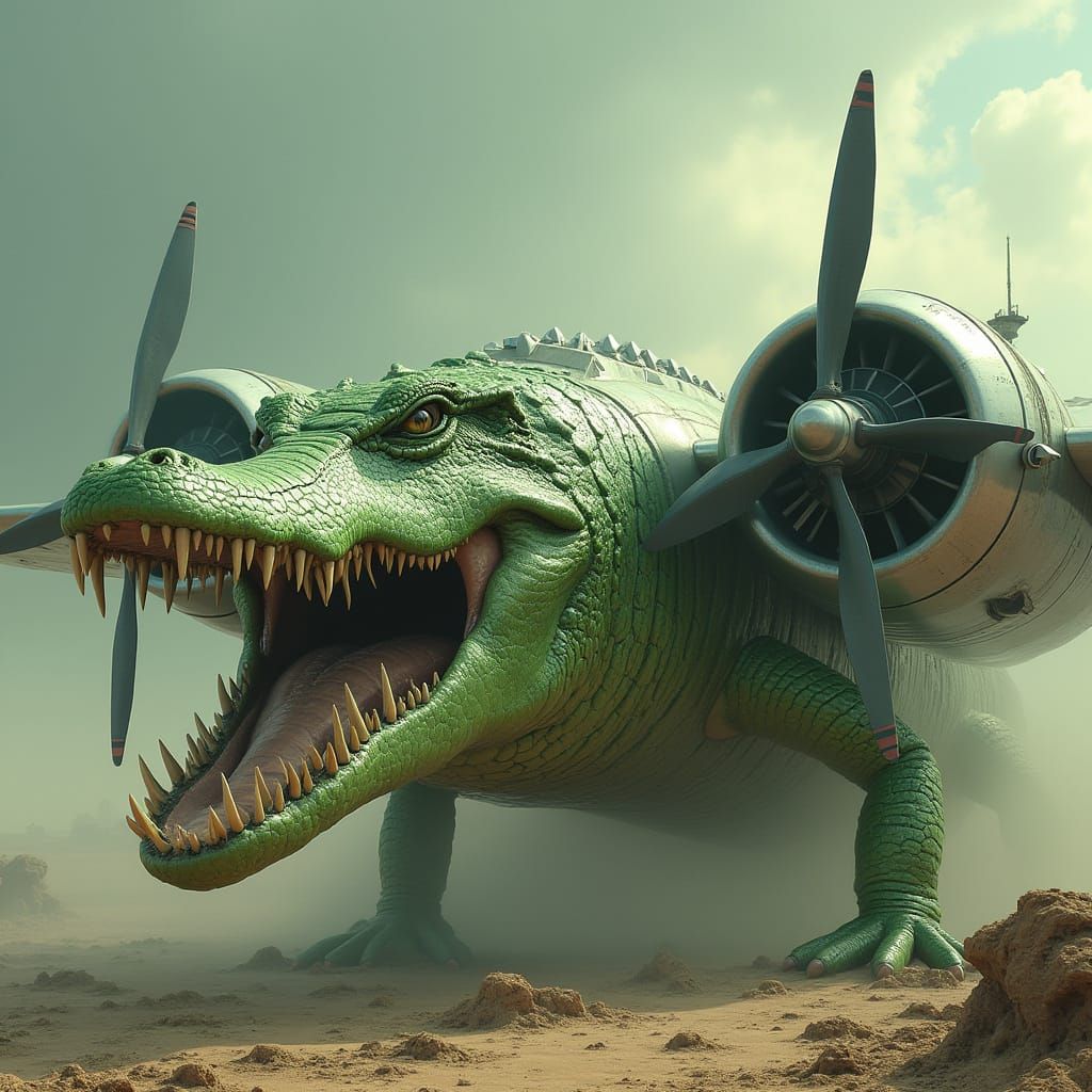 Cybernetic Crocodile Bomber in Futuristic Industrial Landsca...