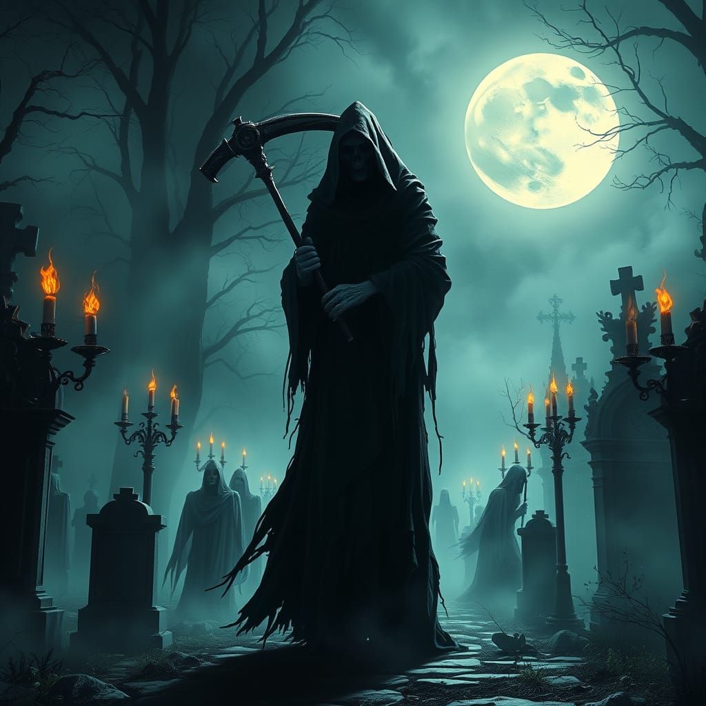 Gothic Reaper Guides Ghostly Souls through Haunting Cemetery