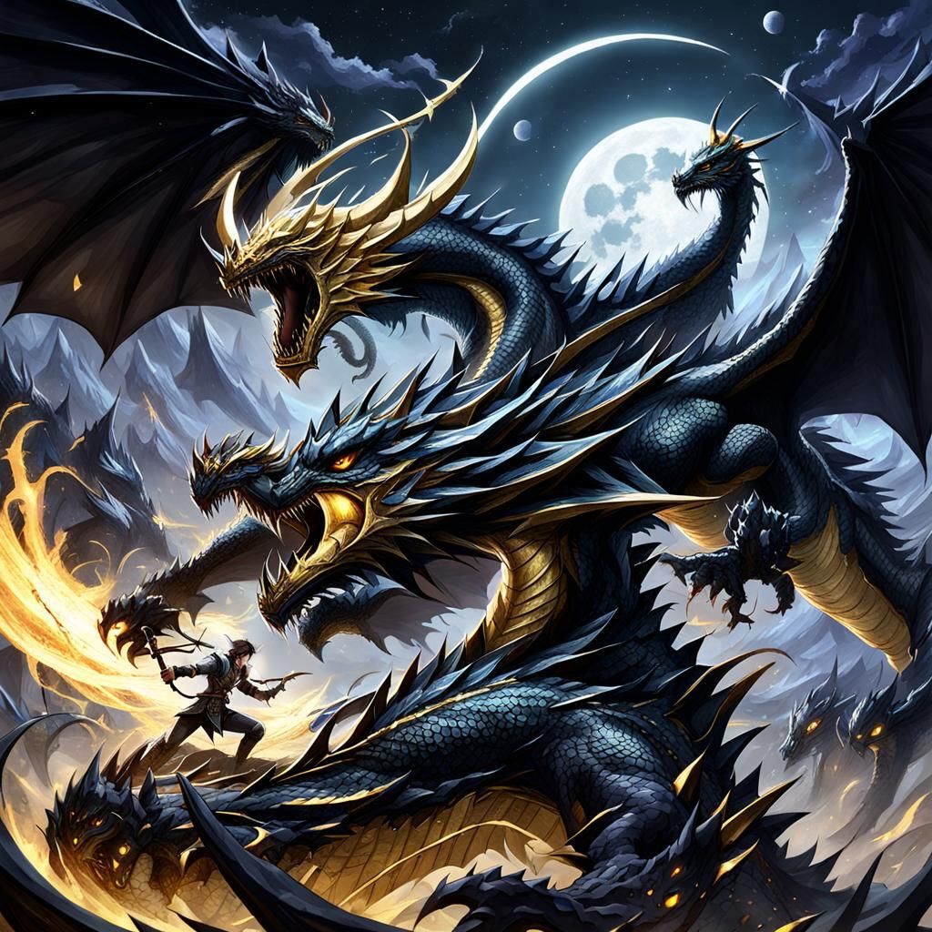 Moon Elf Battles Black and Gold Dragon