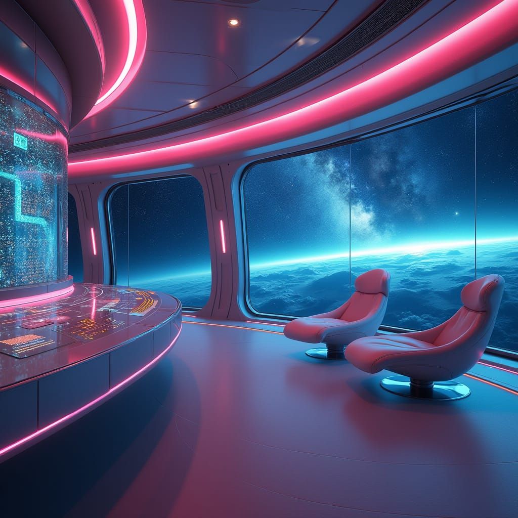 Sleek Futuristic Spaceship Interior in Neon-Lit Minimalist S...