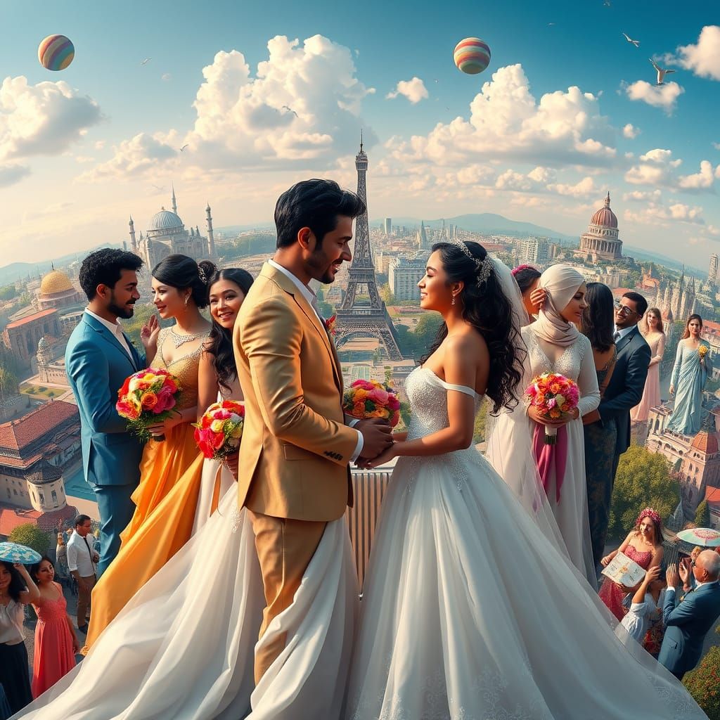 Multicultural Couples Celebrate Harmony in Vibrant, Simultan...