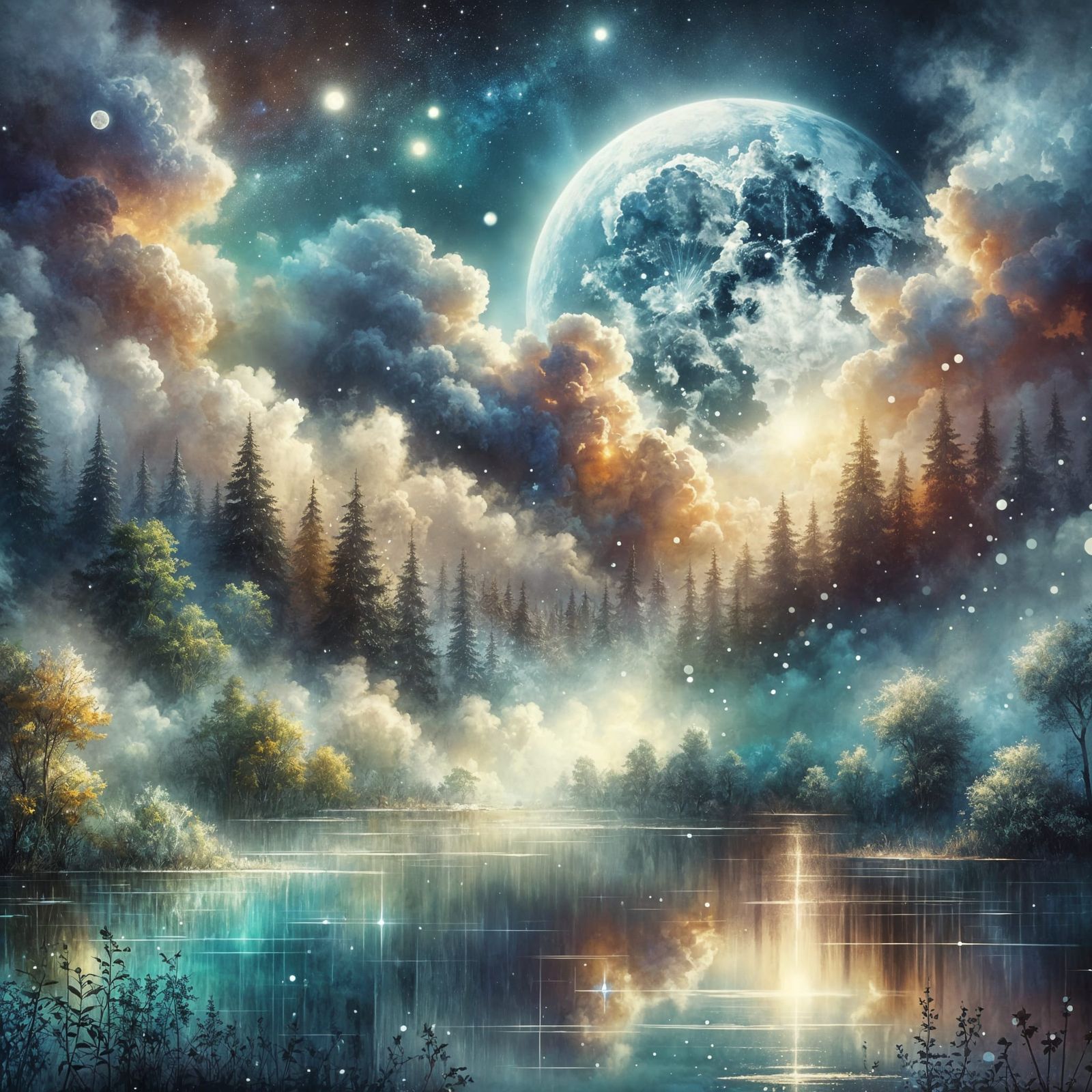Dreamy Moonlit Landscape in Watercolor Style