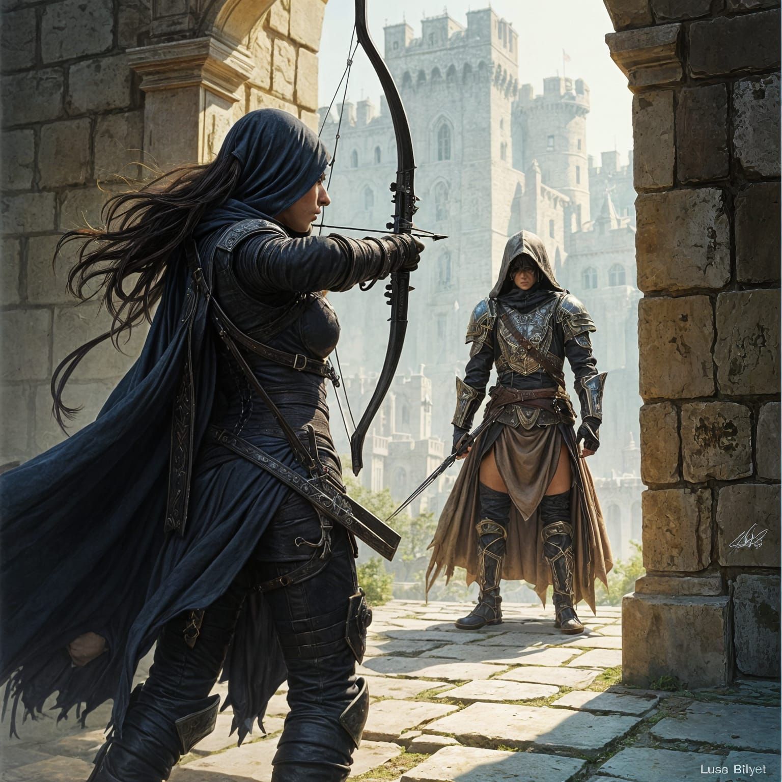 Female Thief Fires Crossbow: Dark Fantasy Illustration