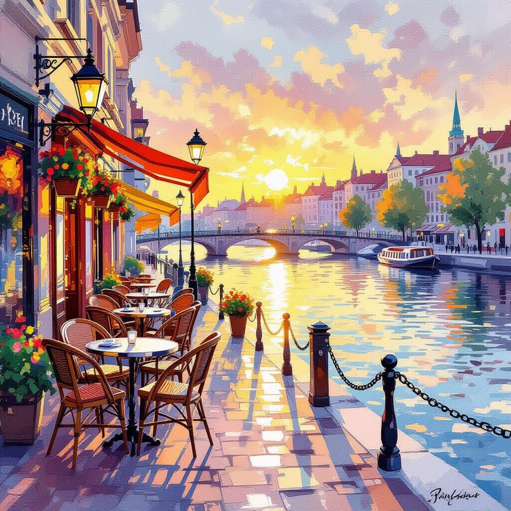 Riverside Cafe in Watercolor Style at Sunset