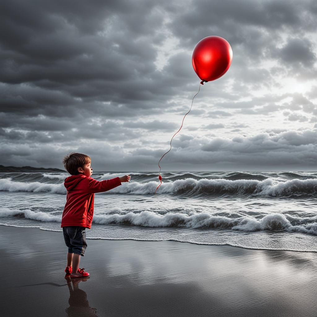 Child with Red Balloon: Hyperrealistic Splash Art