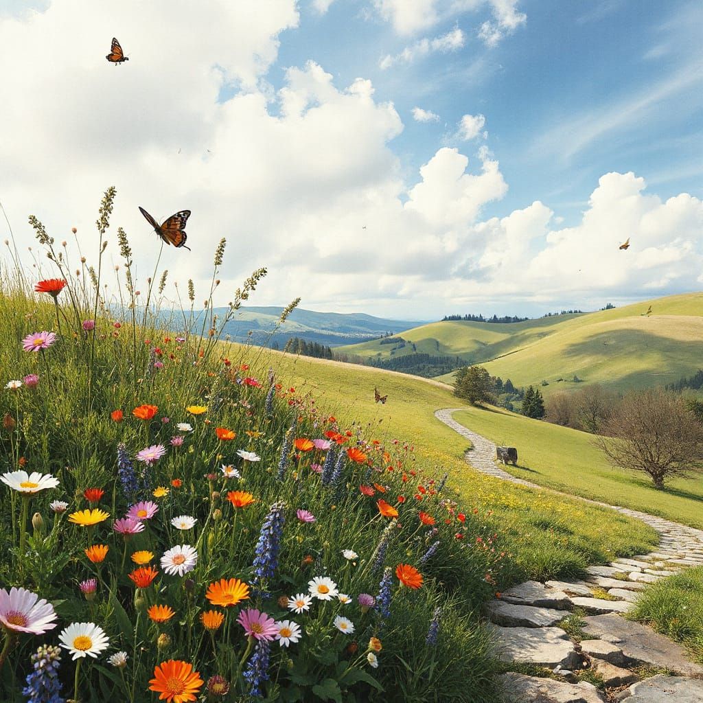 Expressionist Spring Meadow with Abstract Fractals