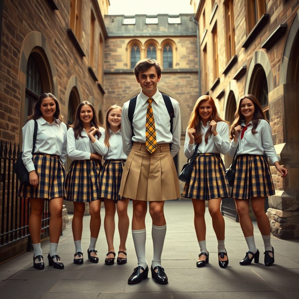 Young Man Embarrassed in Vintage British Schoolgirl Uniform
