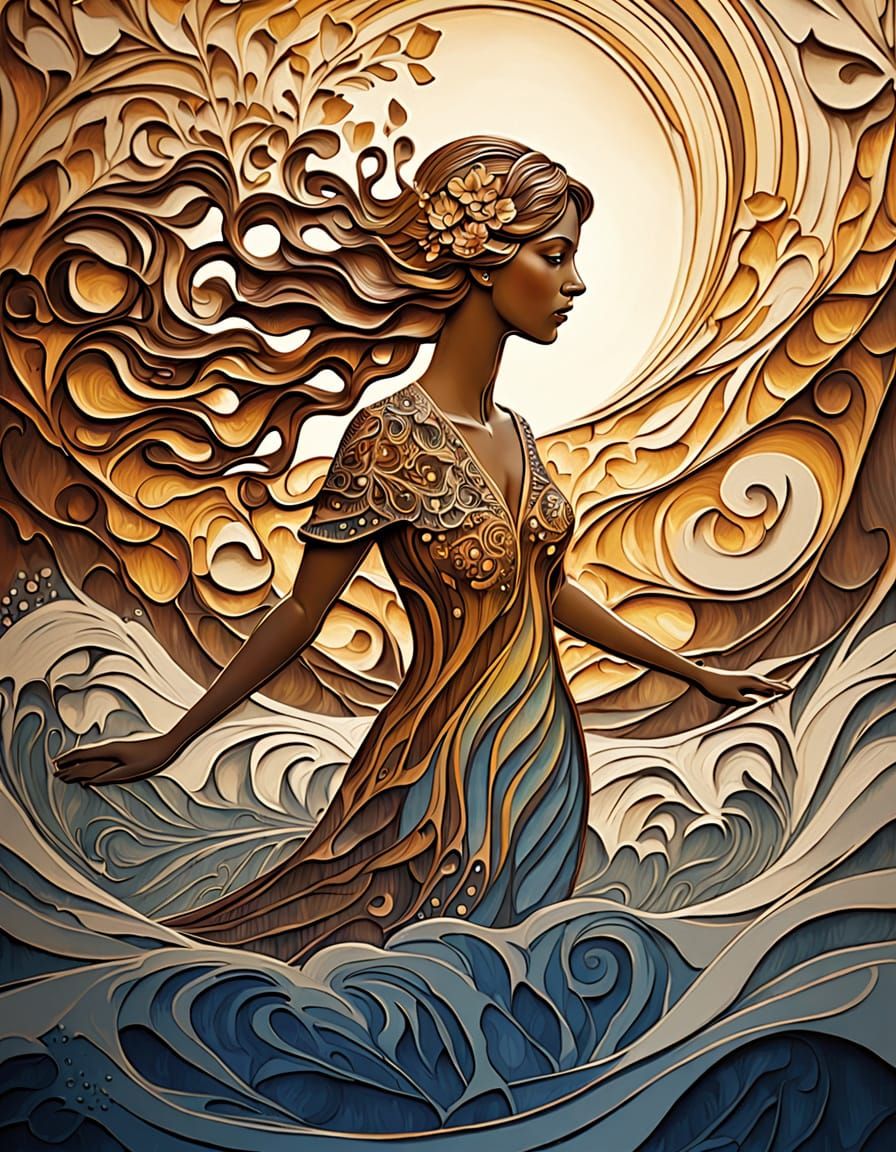 Ethereal Woman in Art Nouveau Wood Carving Style