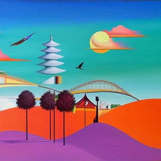 Colorful Surreal Regionalist Painting of Anomie