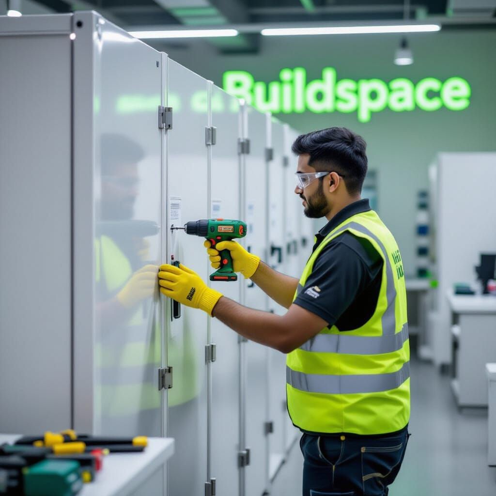 Indian Technician Installing Toilet Cubicle Partitions