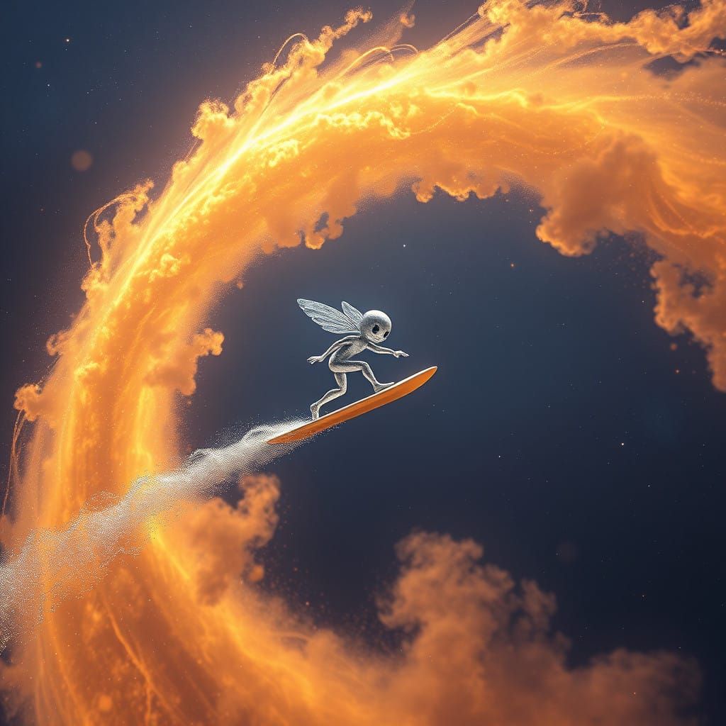 Surreal Silver Surfer Rides Cosmic Comet in Whimsical, Cyber...