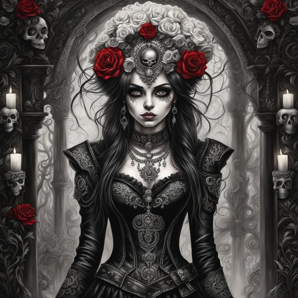 Gothic Girl Portrait in Black and White