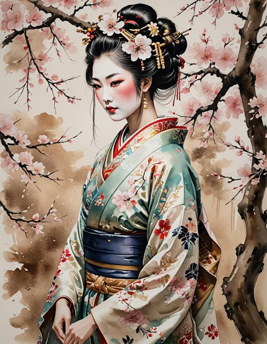 Elegant Geisha in Watercolor with Cherry Blossoms