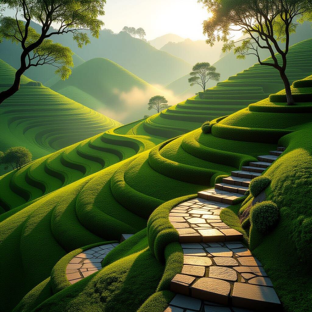 Organic Architecture Landscape with Rolling Green Terraces