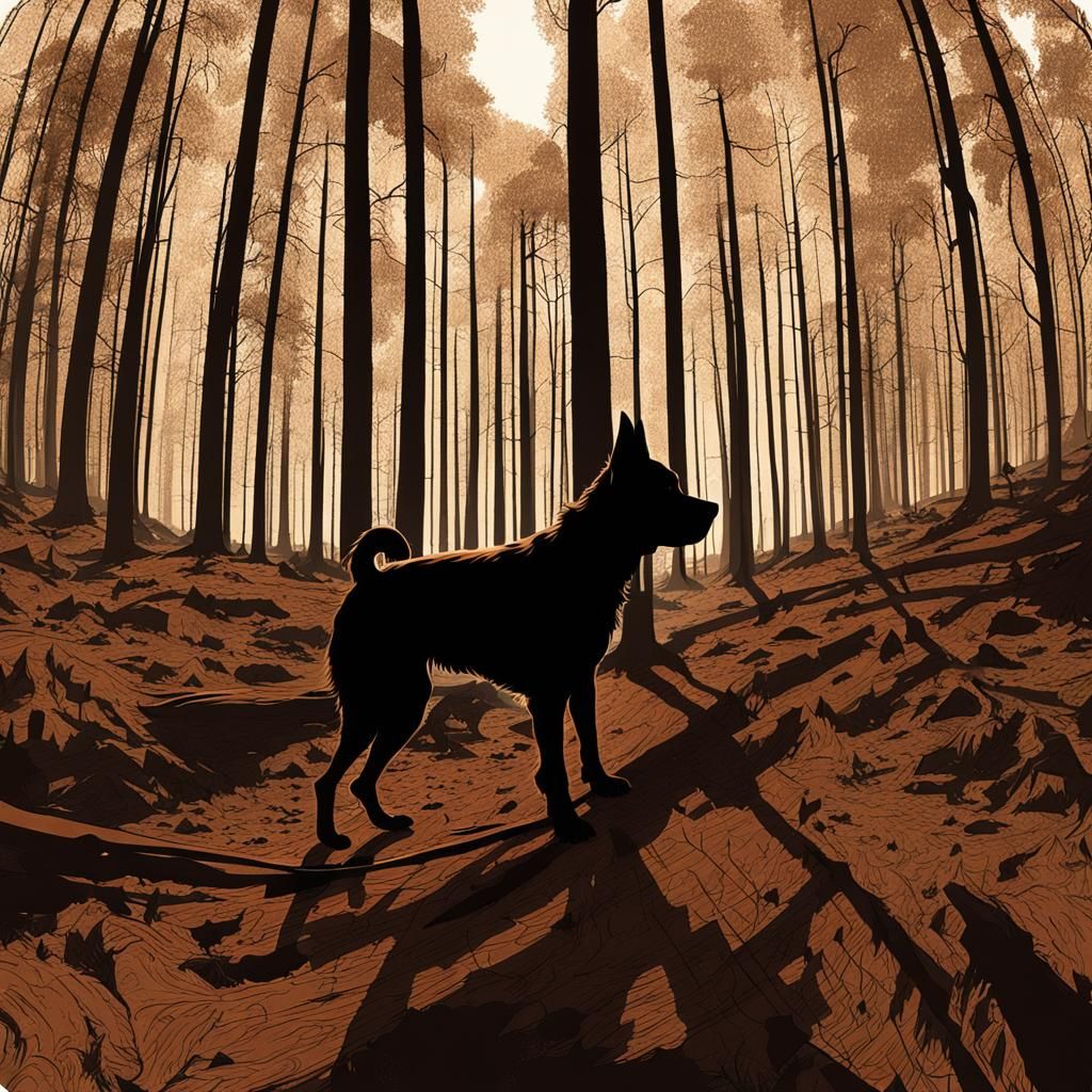 Dog Silhouette in Forest, Fisheye Lens, Schuiten Style