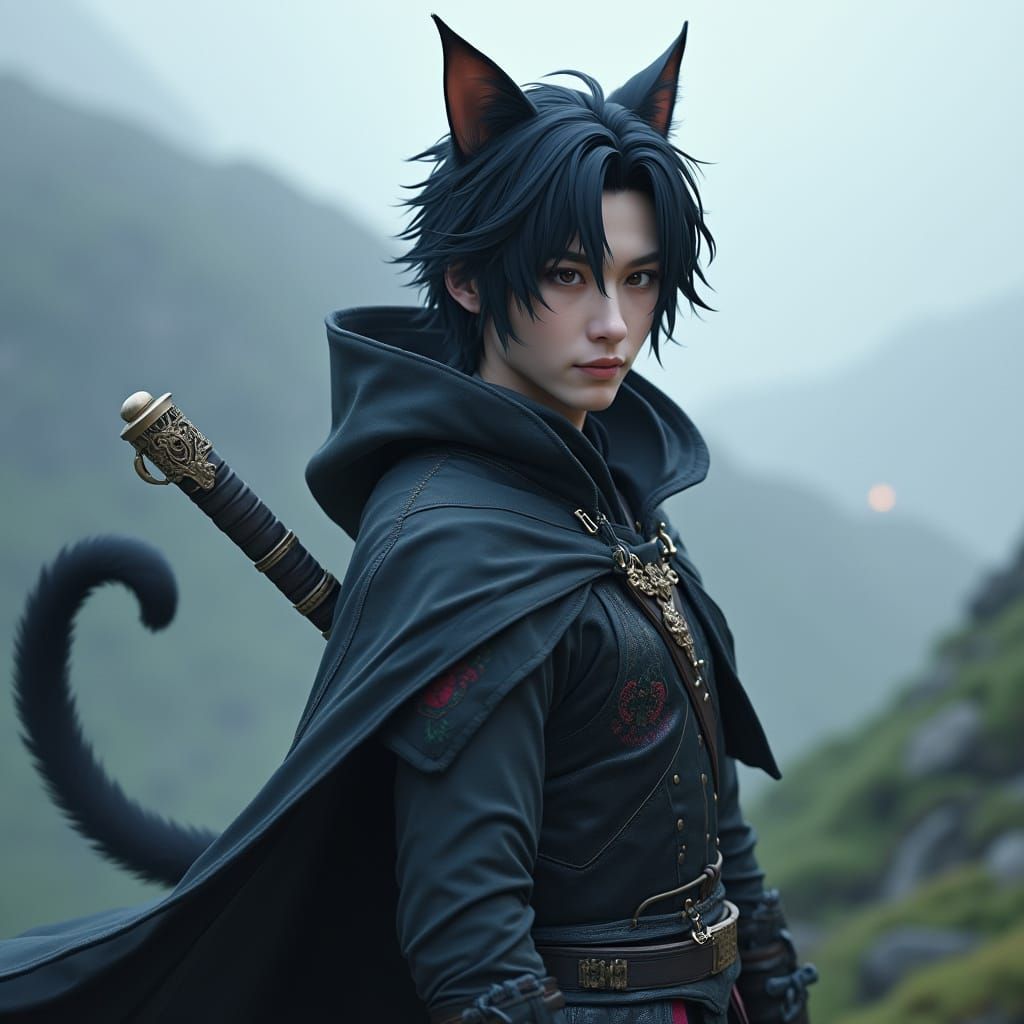 Fantasy Rogue Prince with Bakeneko Cat Yokai Inspiration