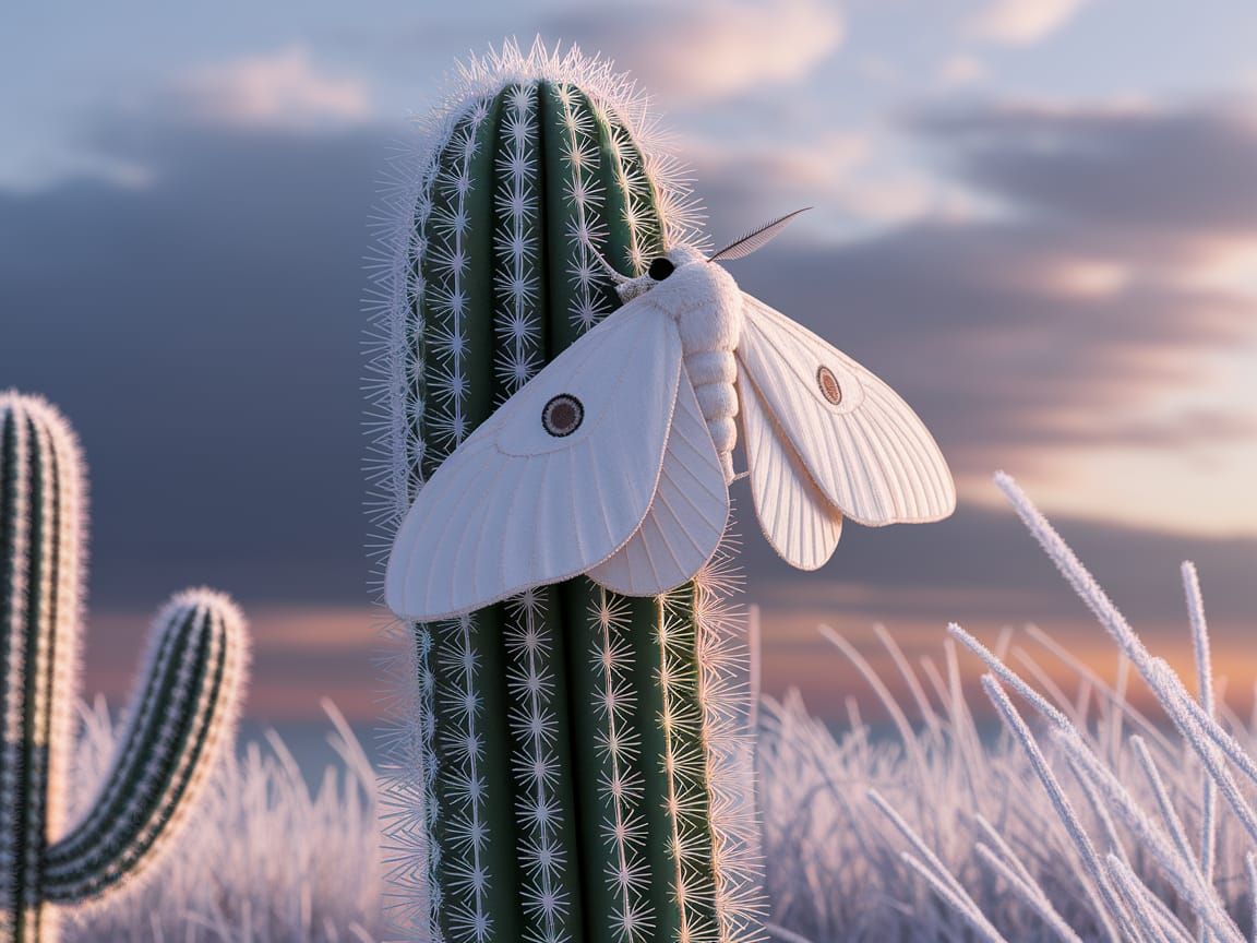 Moth on Snowy Cactus in Hyper-Realistic Style