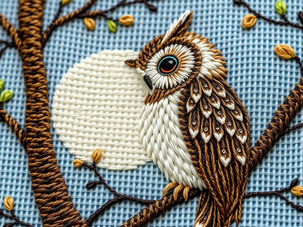 Whimsical Owl in Moonlit Branch, Embroidered in Traditional ...
