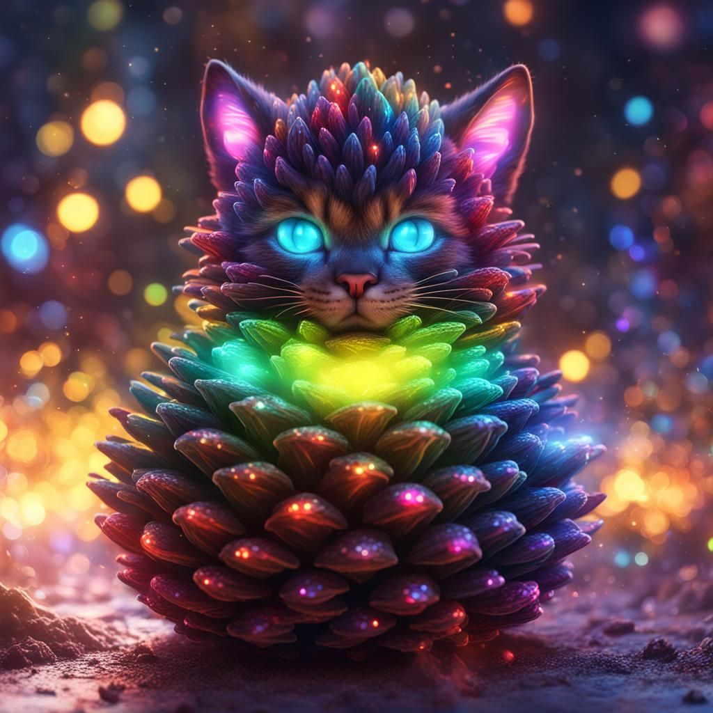 Rainbow Glow: Electric Pinecone Kitty in Detailed Matte Pain...