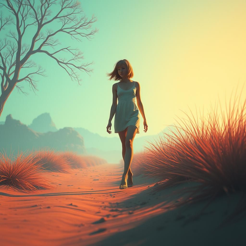 Barefoot Woman in Dreamy Retropunk Landscape