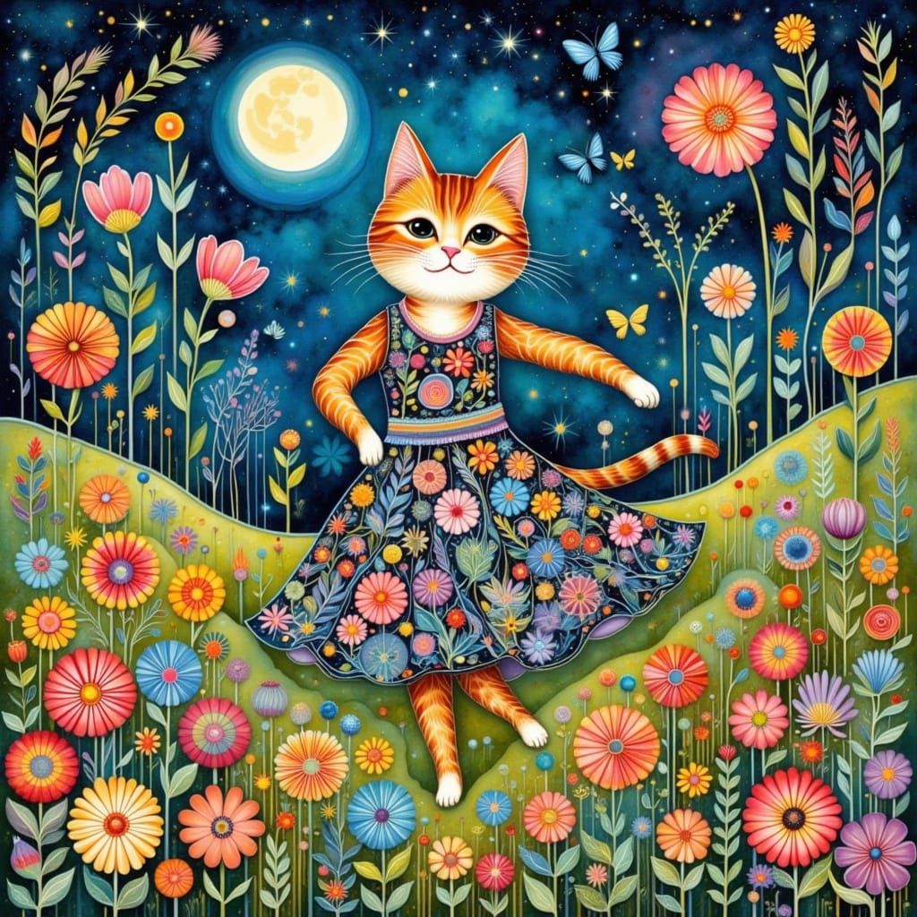 Whimsical Cat Dances in Floral Moonlight, Folk Art