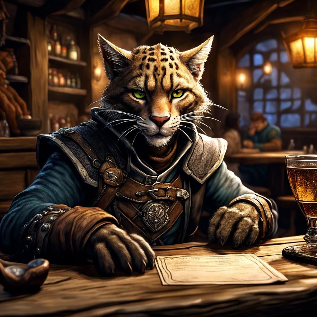 Tabaxi Ranger in Tavern, Hyperrealistic D&D Art