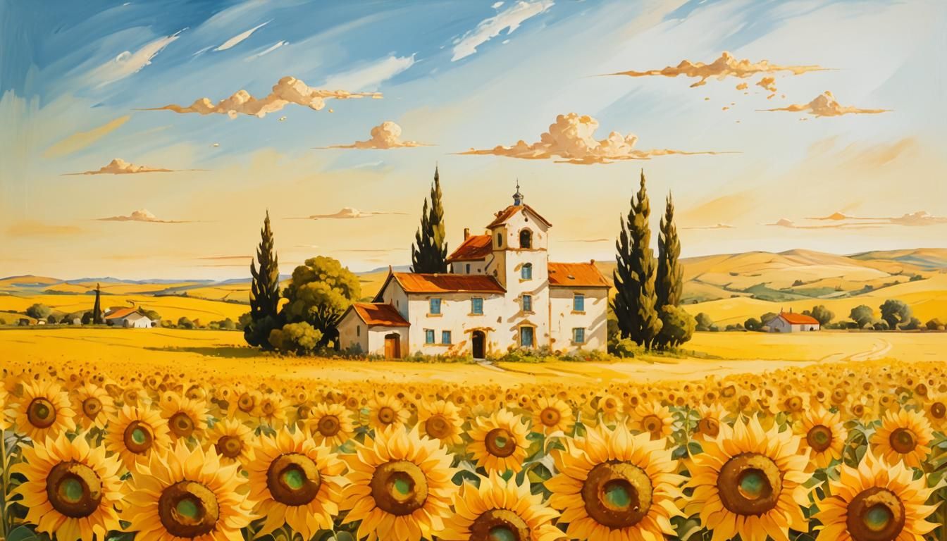 Surreal Melting Sunflowers in Rural Landscape
