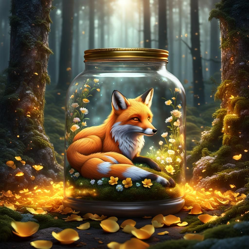 Fox Curled Around Glowing Jar in Forest