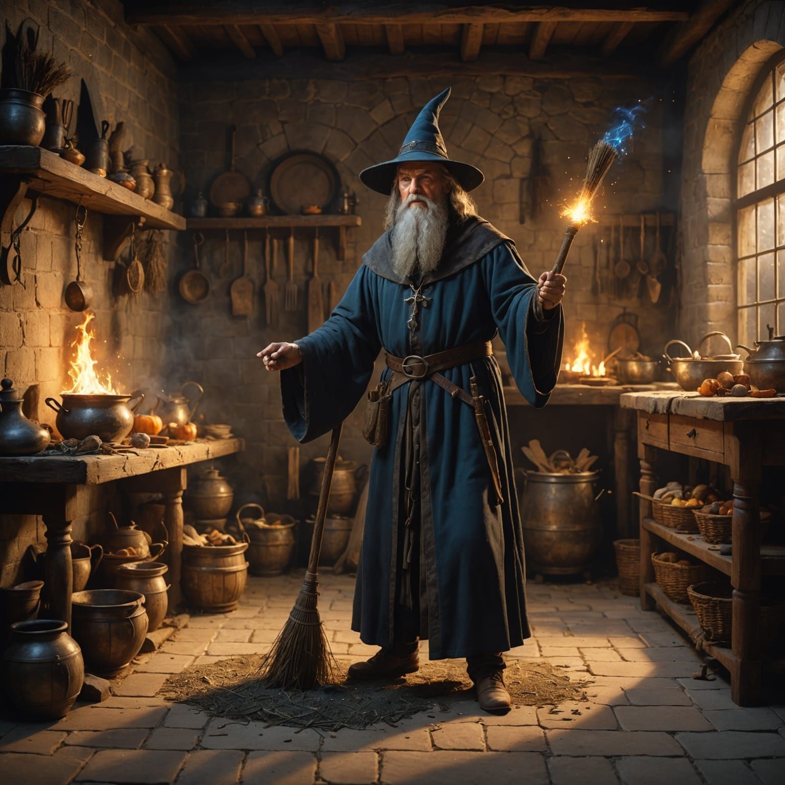 Wizard Casting Spell in Medieval Kitchen with Magical Broom