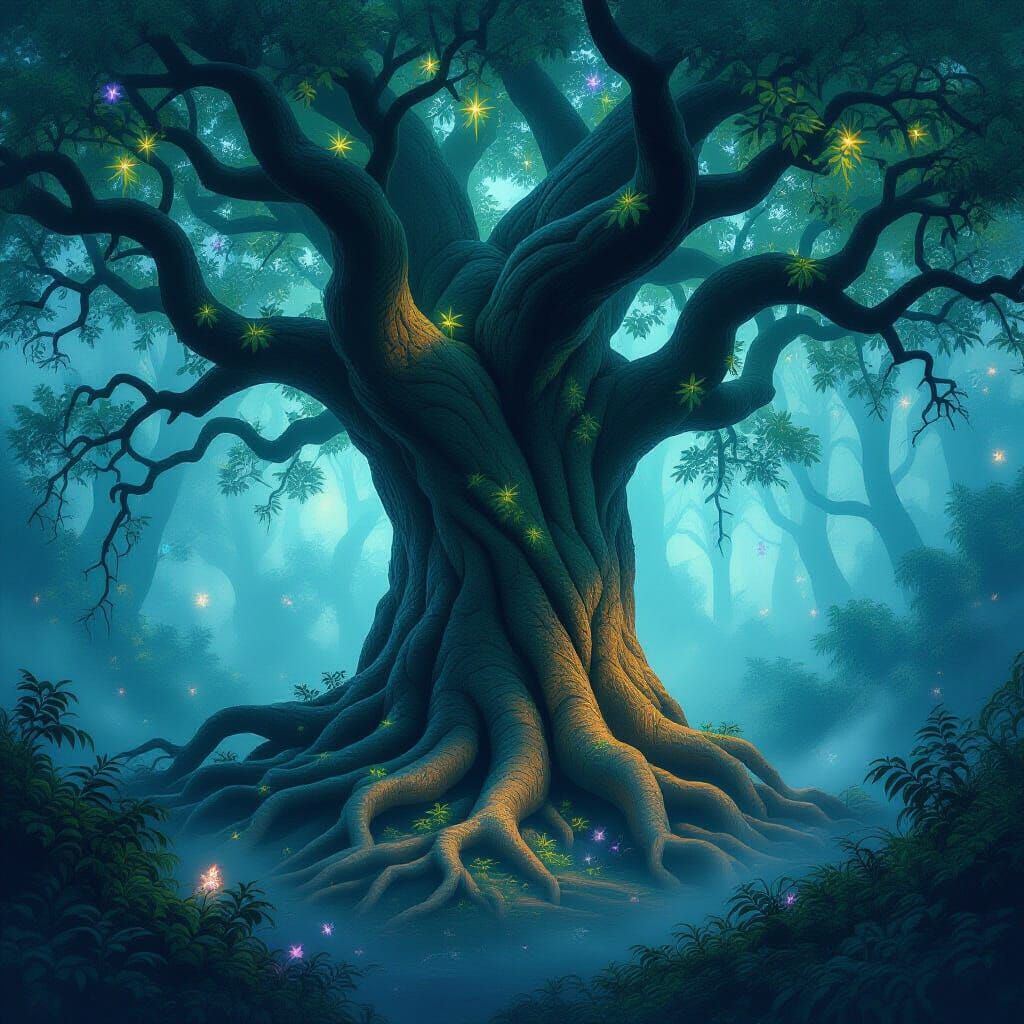 Ancient Tree Archways in Enchanted Forest with Ethereal Spri...