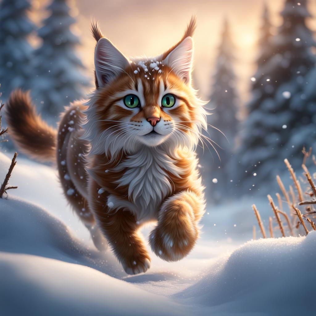 Wild servile cat running through the snow