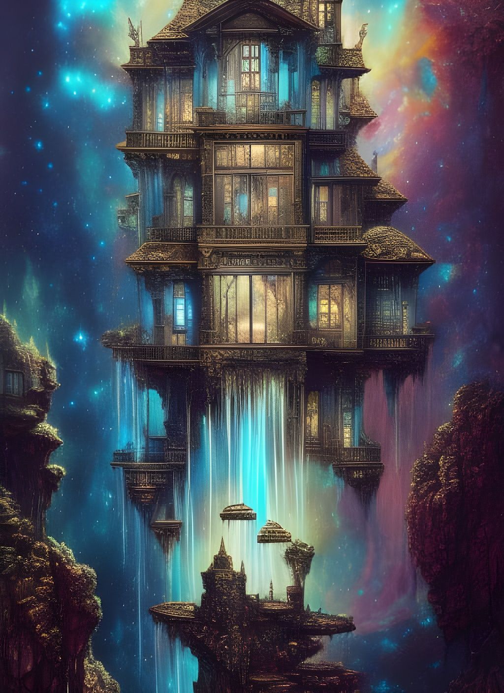 Steampunk Mansion Waterfall in Holographic Nebula