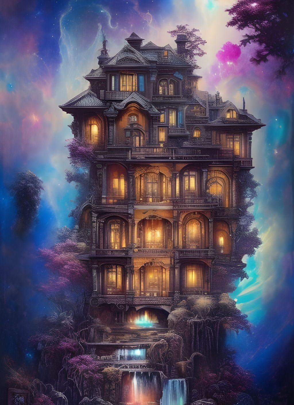 Steampunk Mansion on Waterfall: A Maximalist Digital Paintin...