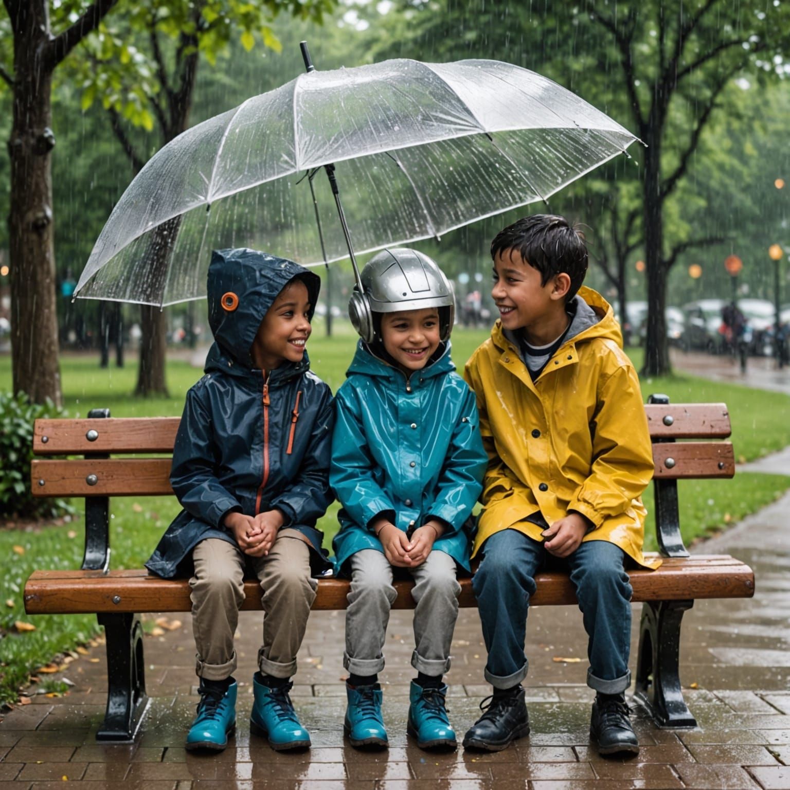 Diverse Friends Share Umbrella in Gentle Rain, Ligne Claire ...