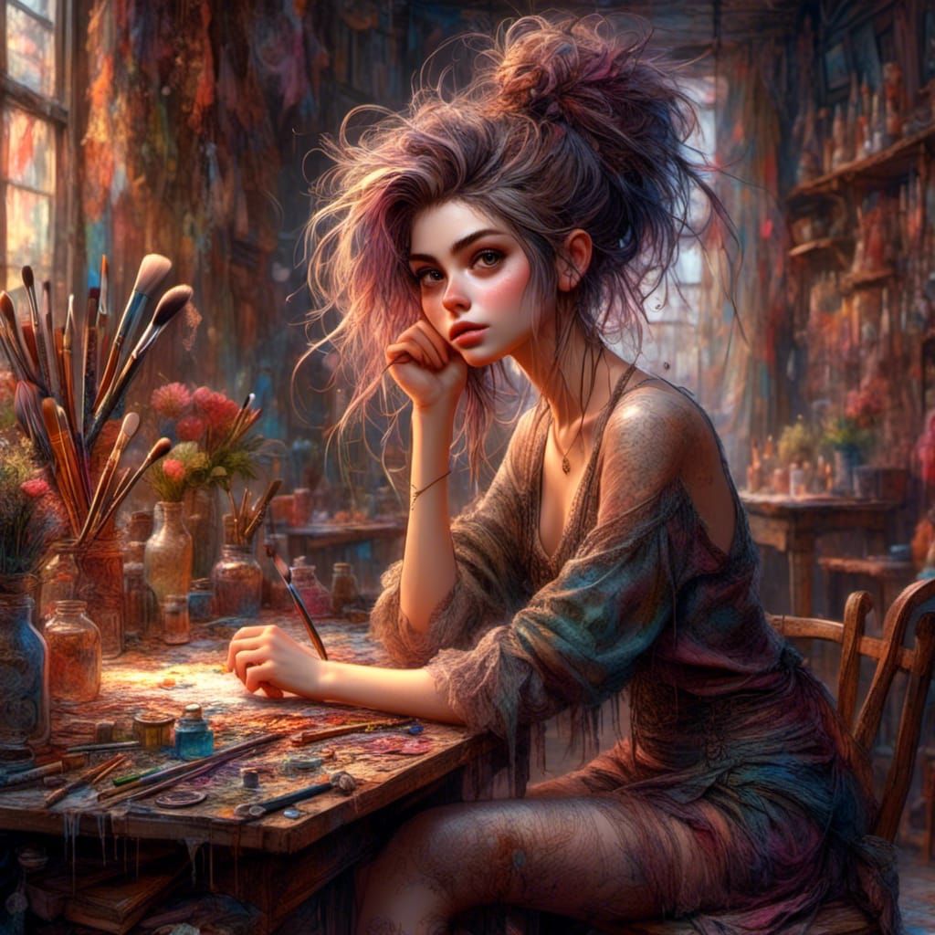 Beautiful Artist at Easel in Art Room Illustration